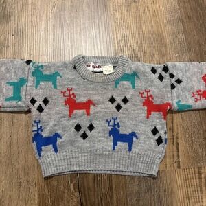 Vintage 80s On Track Boys Small Gray Reindeer Sweater 100% Acrylic Made In Italy